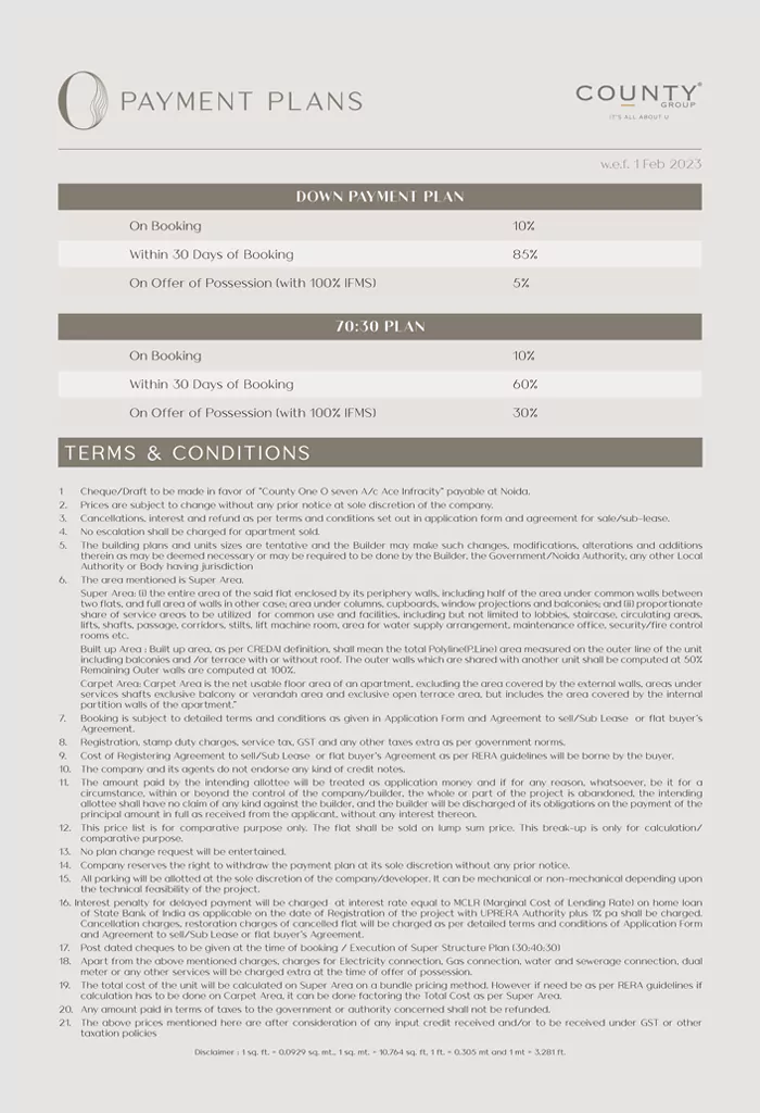 County One O Seven noida price list